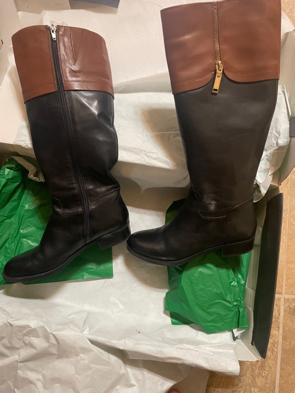 Tommy Hilfiger Two-Tone Brown and Black Knee-High Riding Boots